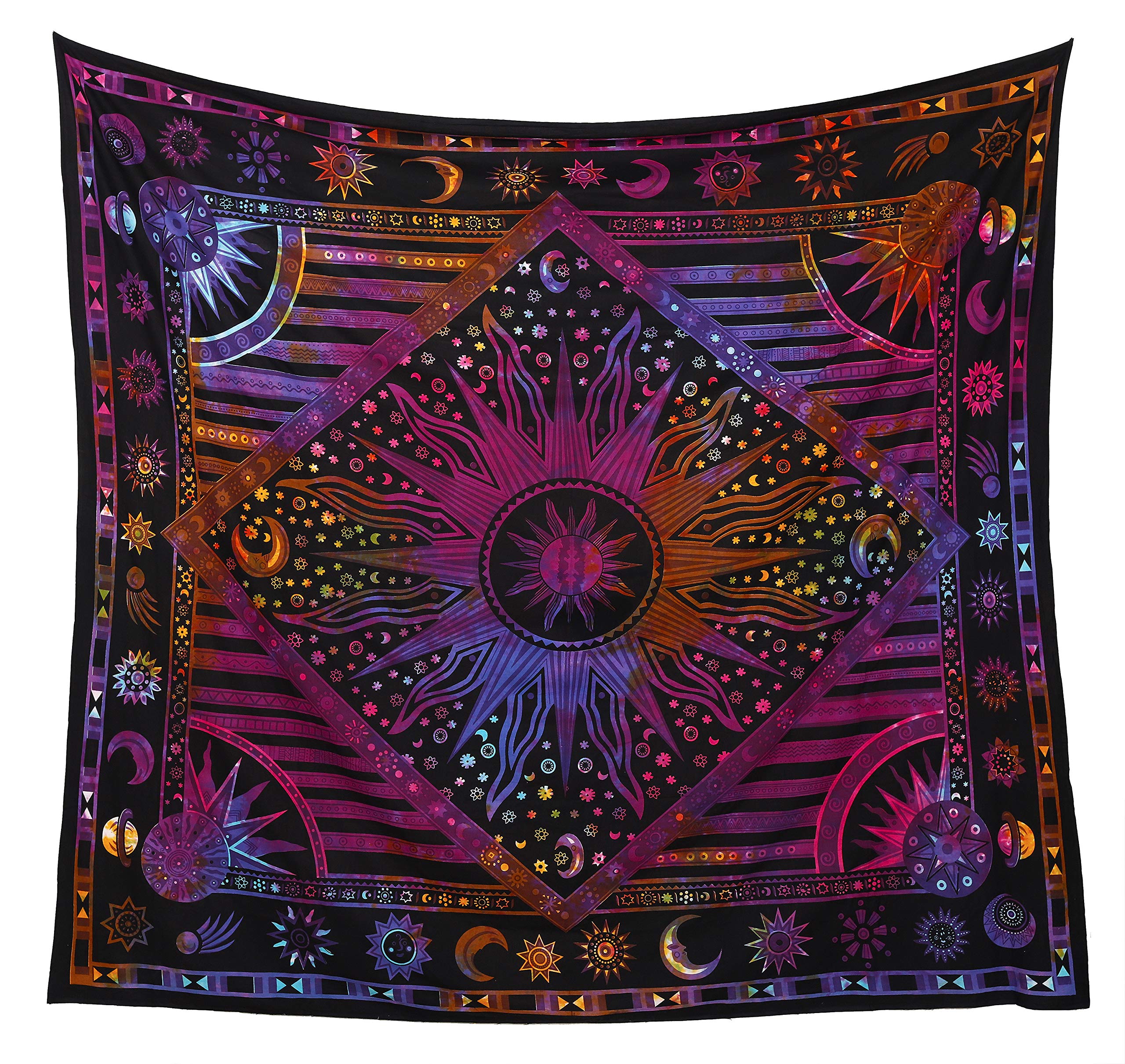 Popular Handicrafts Wall Hanging Tapestry For Bedroom Hippie Sun Moon Bohemian Hippy Psychedelic Design Indian Tapestries Bedspread 84 x 90 Inches (215cm x 230cm) Multicolor