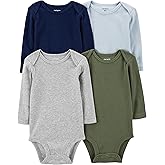 Carter's Baby Boys 4-Pack Long-Sleeve Bodysuits, Green/Blue/Navy/Gray, 3m