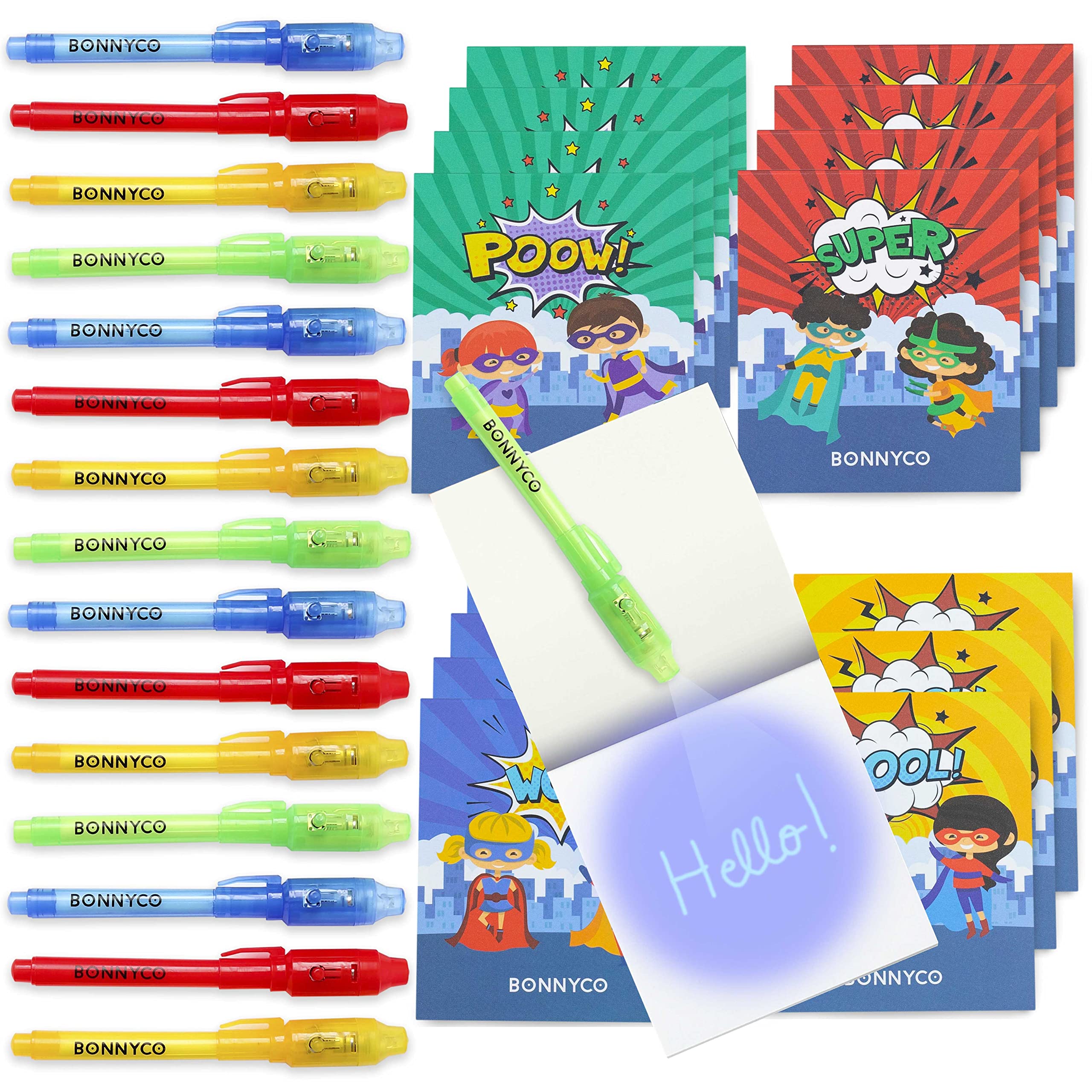 BONNYCO Invisible Ink Pen and Notebook, Pack 16 Superhero Party Bags Fillers and Pinata Toys, Birthday Decorations. Stocking Fillers for Kids Birthday, School Prizes, Superheroes Gifts for Children
