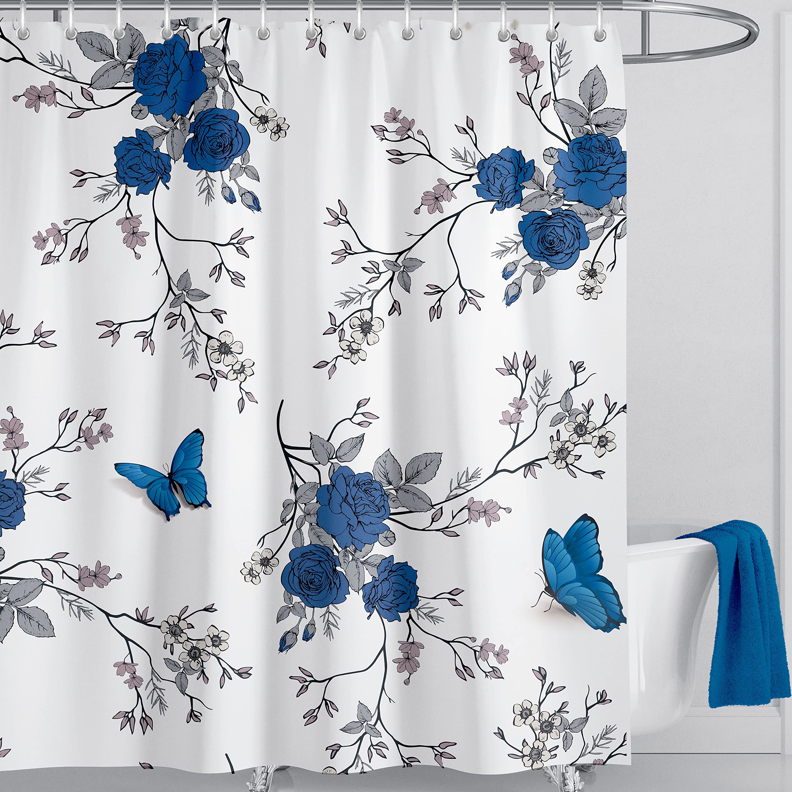 LIVETTY Floral Shower Curtain 180 x 180 cm Plants Bathroom Curtain Floral Butterfly Fabric Bathroom Mould Proof Spring Washable Shower Curtain with 12 Hooks Washable Quick-Drying (Blue)