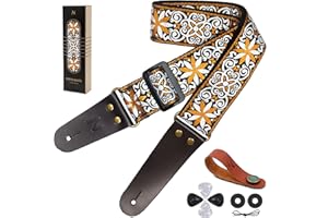 NEFELIBATA Guitar Strap, Vintage Embroidered Cotton Guitar Straps with Genuine Leather Ends for Bass, Electric & Acoustic Guitars, Come with Free Strap Button, 1 Pair Strap Lock and 4 Guitar Pick (Yellow Flower)
