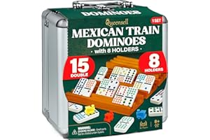 Mexican Train Dominoes Set Double 15 with 8 Holders - Wooden Hub and Tiles Holders - Double 15 with Dots