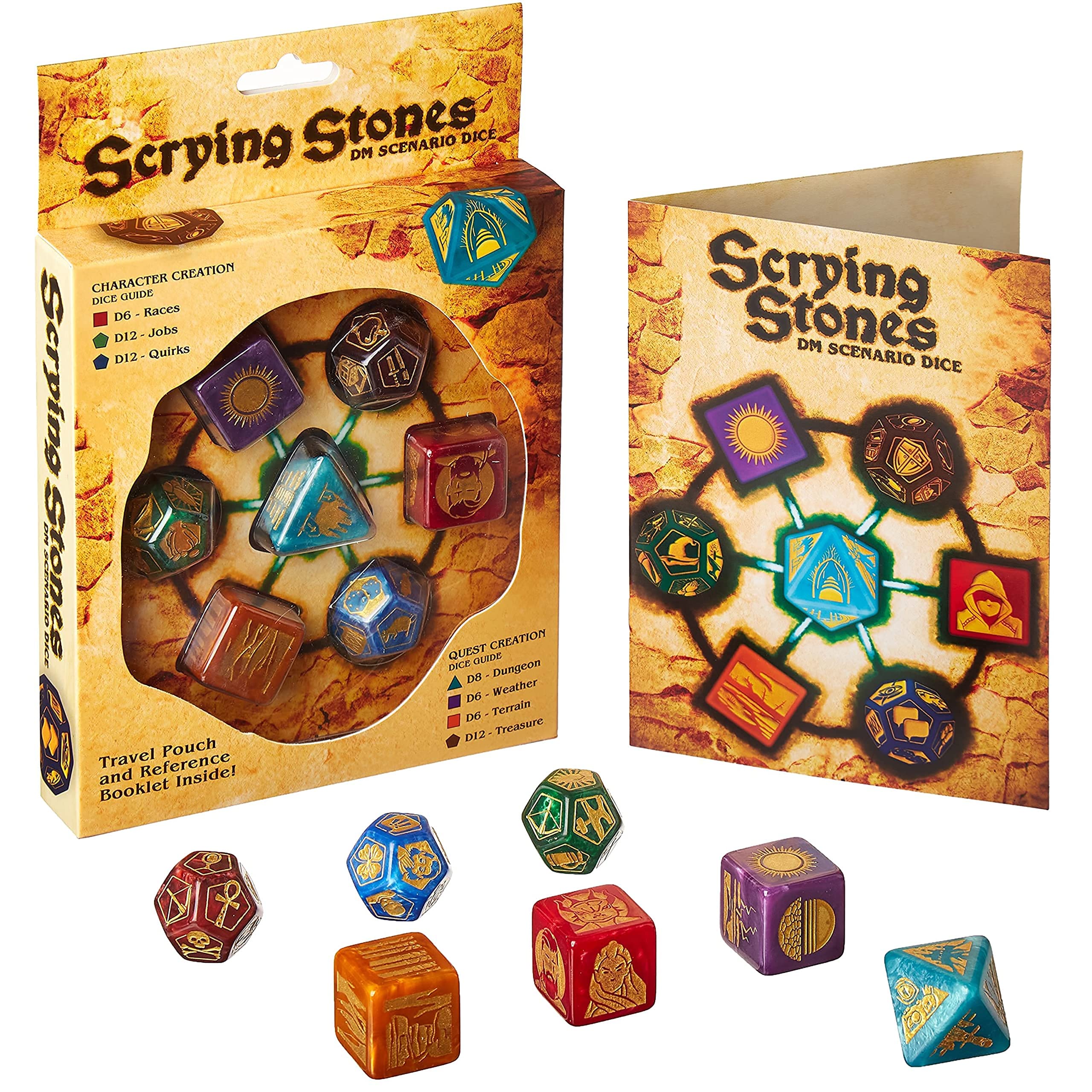 Scrying Stones - DM Scenario Dice - RPG Game Master TTRPG & D&D Accessory Set - 7 Custom Polyhedral Geek Tools for Creating Random Fantasy NPCs, Dungeons, Characters, Quests, and Treasure