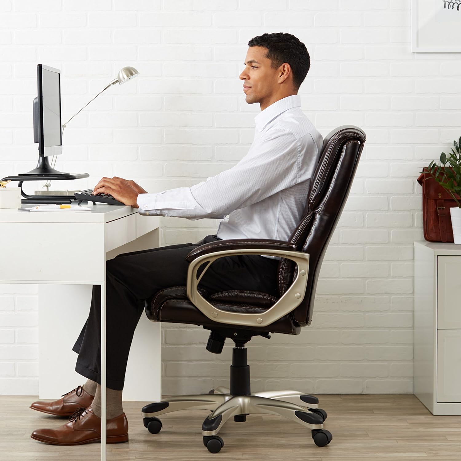Basics High-Back, Leather Executive, Swivel, Adjustable Office Desk Chair with Casters, Brown: Furniture & Decor