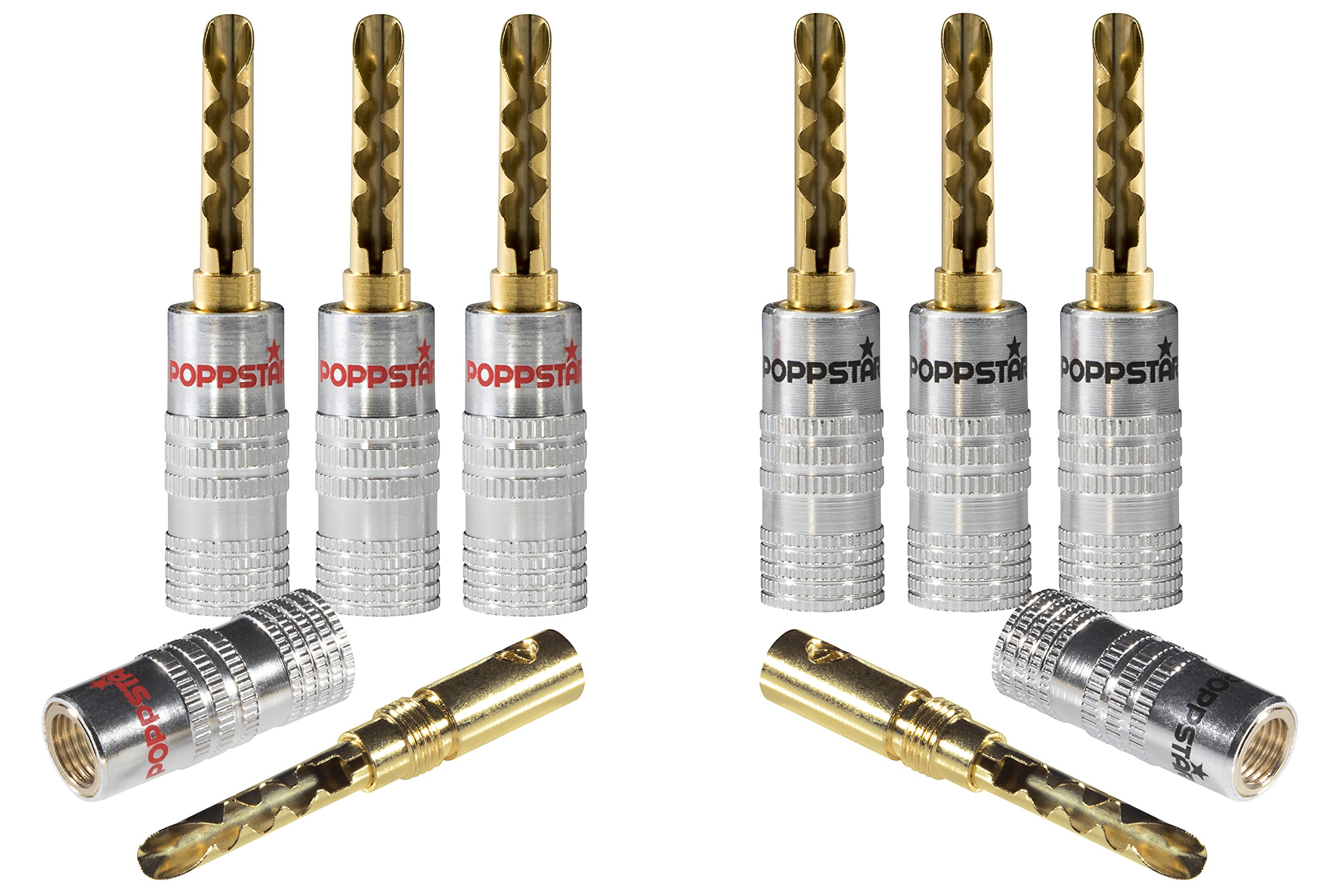 POPPSTAR 8x Hollow Banana Plugs, banana plugs for speaker cables (up to 6mm²), speakers, receivers, 24k gold-plated contacts (4x black, 4x red)