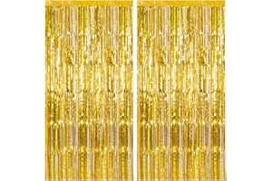 K.E.J. 2 Pack Gold Backdrop Birthday Decorations Foil Curtain Backdrop Gold Streamers Dance Party Decorations Photo Booth Props for Bachelorette Decorations Christmas Halloween New Years Eve Party Supplies