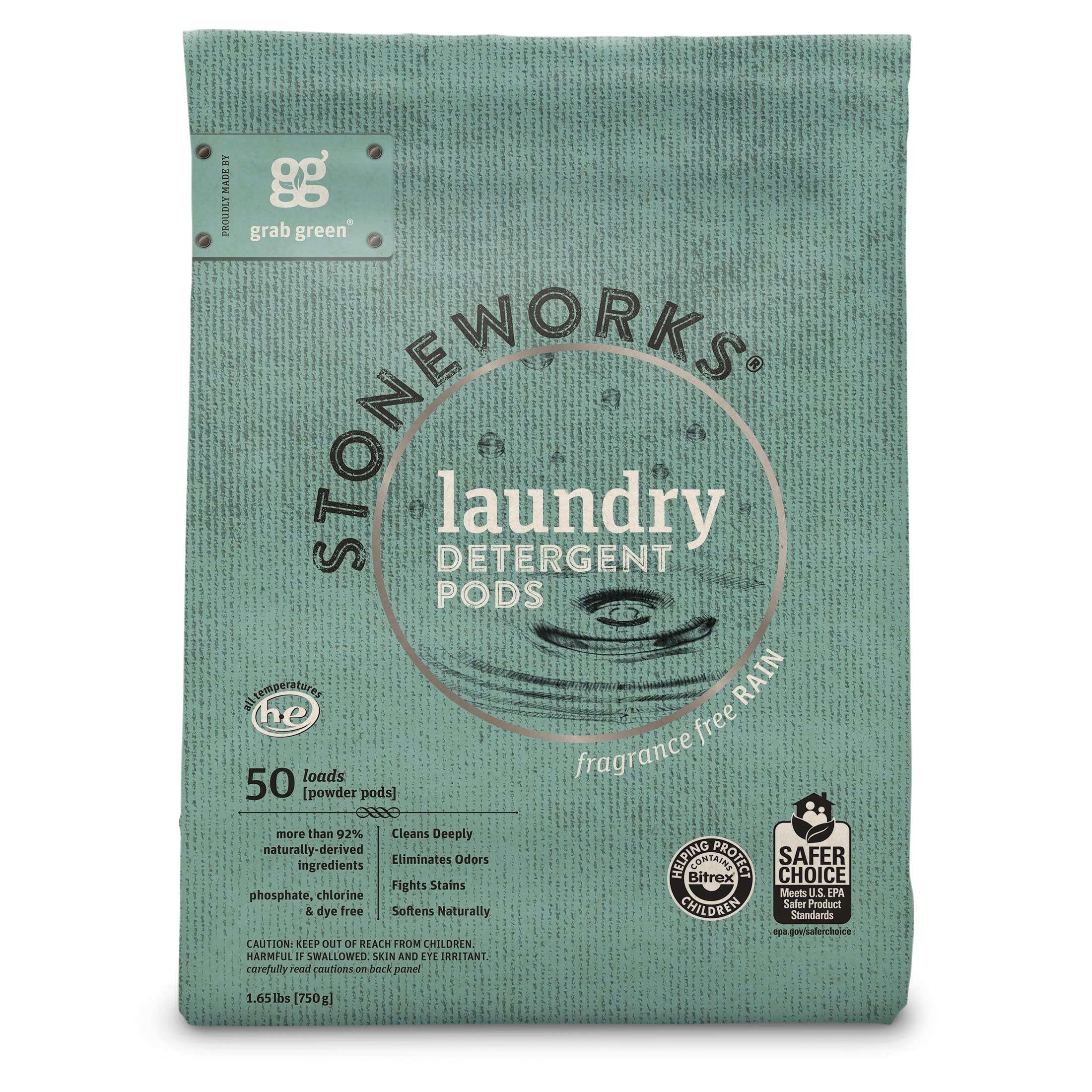 Grab Green Stoneworks Laundry Detergent Pods and Dryer Sheet Bundle, 50 Count Pods and 50 Dryer Sheets, Fragrance Free Rain Scent, Plant and Mineral Based Laundry Care Set