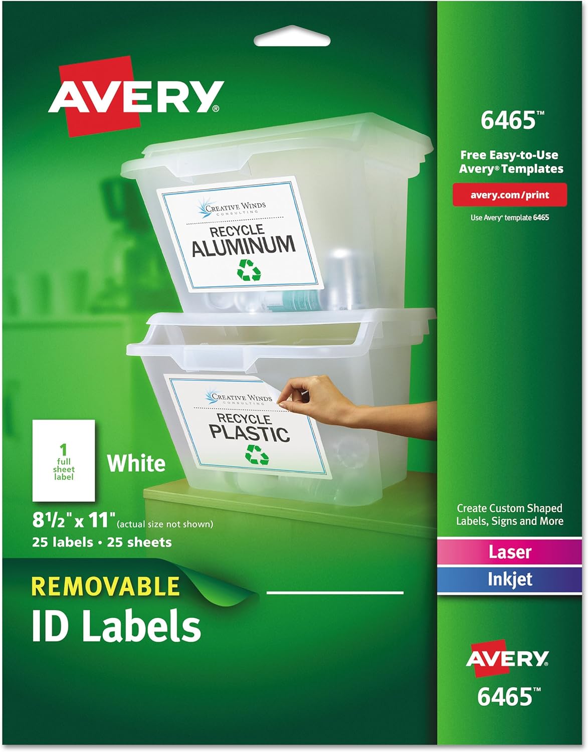 Avery Self-Adhesive Removable Laser Id Labels, White, 8.5 x 11 inches, 25 per Pack (6465) : Id Labels Full Sheet : Office Products