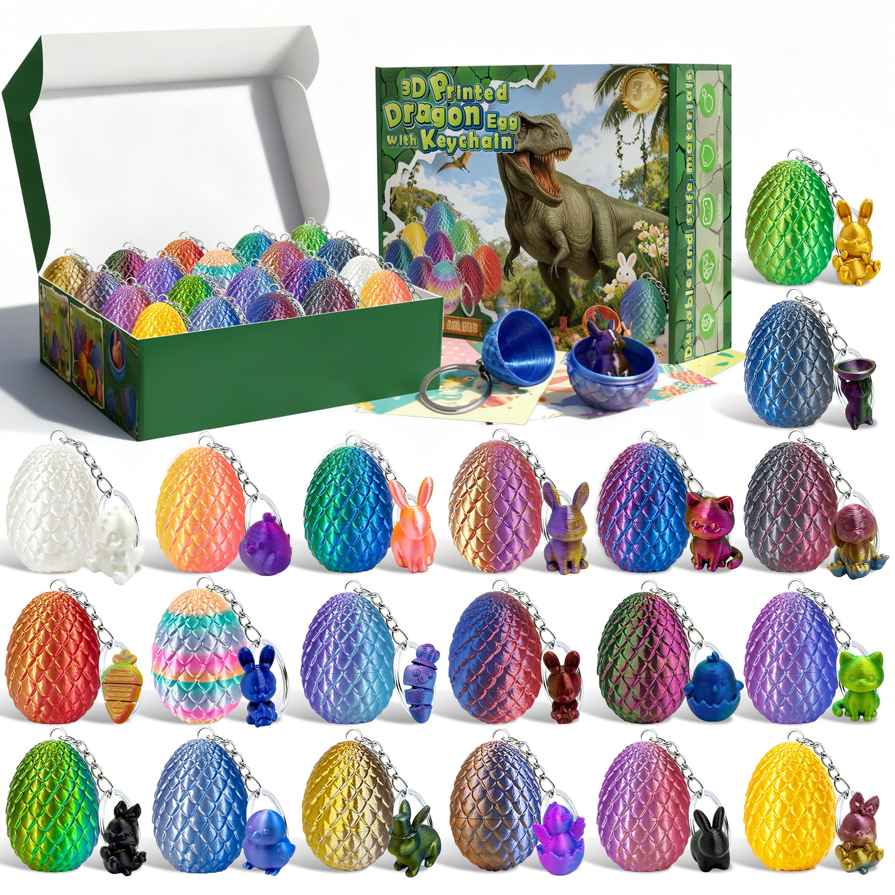 Muxiziu Easter Gifts for Kids - 20Pcs 3D Printed Dragon Egg Set, Mini 3D Printed Animals Multi-Color Gradient (Random), Cool 3D Printing Fidget Toys for Teen, Easter Basket Stuffers