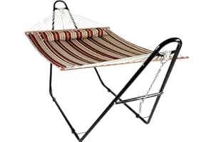 Sunnydaze Double Quilted Fabric Hammock with Universal Steel Stand - 450-Pound Capacity - Black Stand - Red Stripes