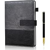 A5 Leather Notebook with Pen, 256 Pages Hardcover Journal for Writing with Pen Holder, Lined Paper Daily Diary for Men and Women, Great Gift for Work Business Professional Travel - Black