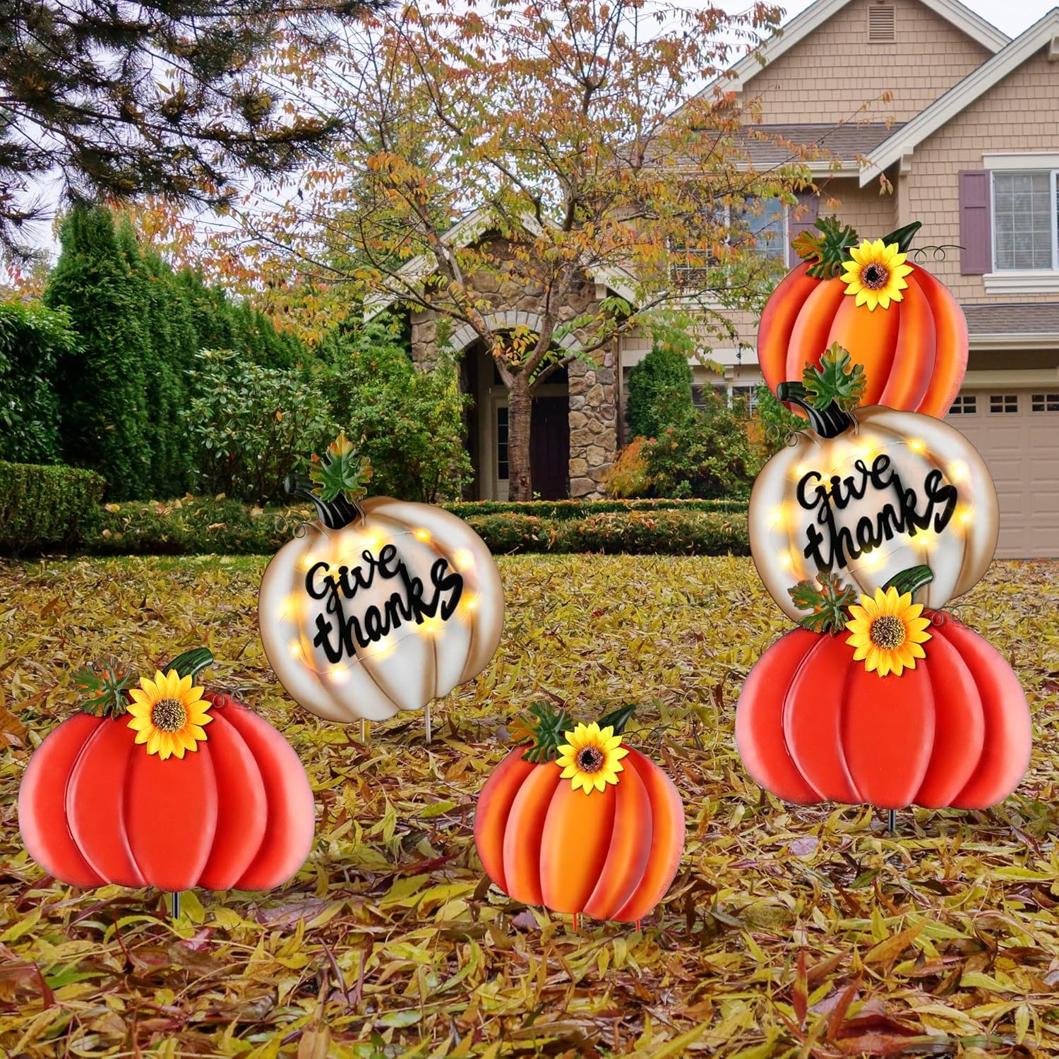 Yard Signs - Fovths 3 Pieces Metal Fall Pumpkins Garden Yard Sign Metal Fall Waterproof Yard Sign with Warm-Light Giant Metal Thanksgiving Pumpkin Yard Sign for Thanksgiving Harvest Outdoor Lawn Driveway Decor