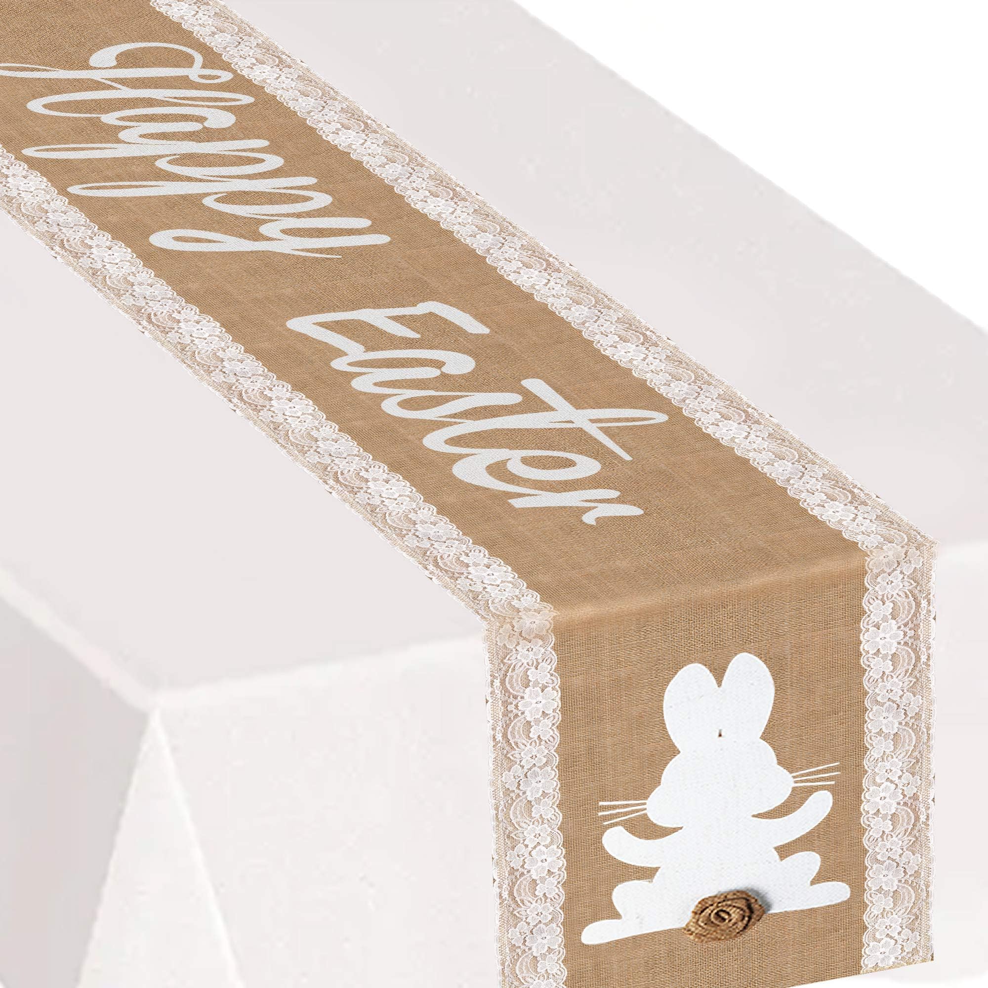 Comken Easter Table Runner with 3D Bunny - 14" x 108"- Rustic Burlap Happy Easter and Lace Table Runner for Easter Table Decorations Farmhouse Kitchen and Dining Room Easter Party Supplies