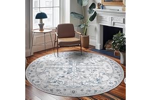 jinchan Round Rug 7ft Washable Area Rug Vintage Floor Mat Kitchen Indoor Circle Rug 7' Round Thin Rug Floral Print Carpet Retro Farmhouse Non Slip Dining Room Living Room Bedroom Office Decor Blue
