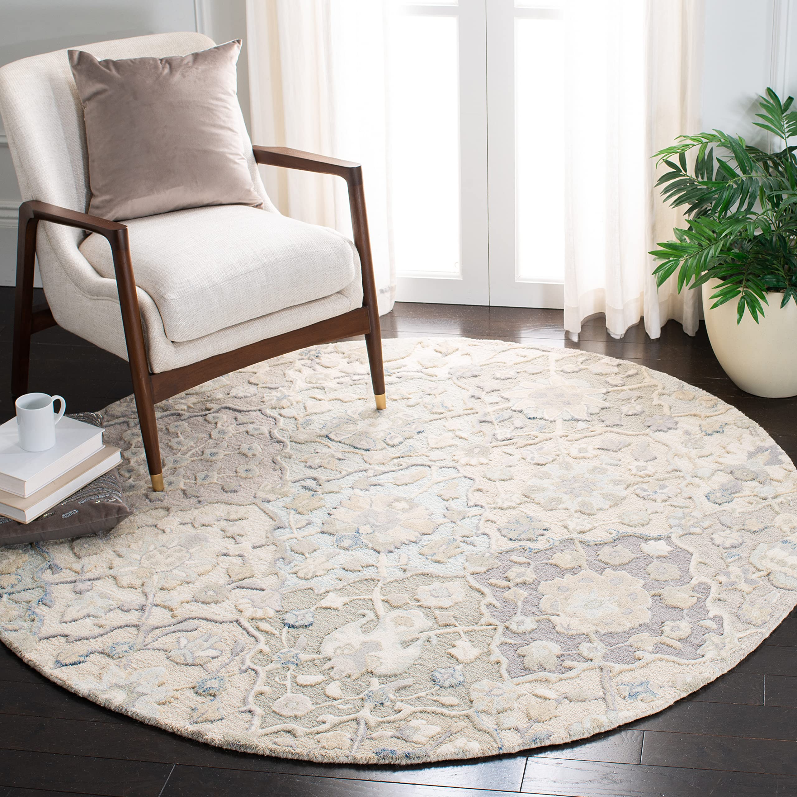 SAFAVIEH Glamour Collection 4′ Round Grey/Blue GLM622F Handmade Premium Wool Entryway Foyer Living Room Bedroom Kitchen Area Rug