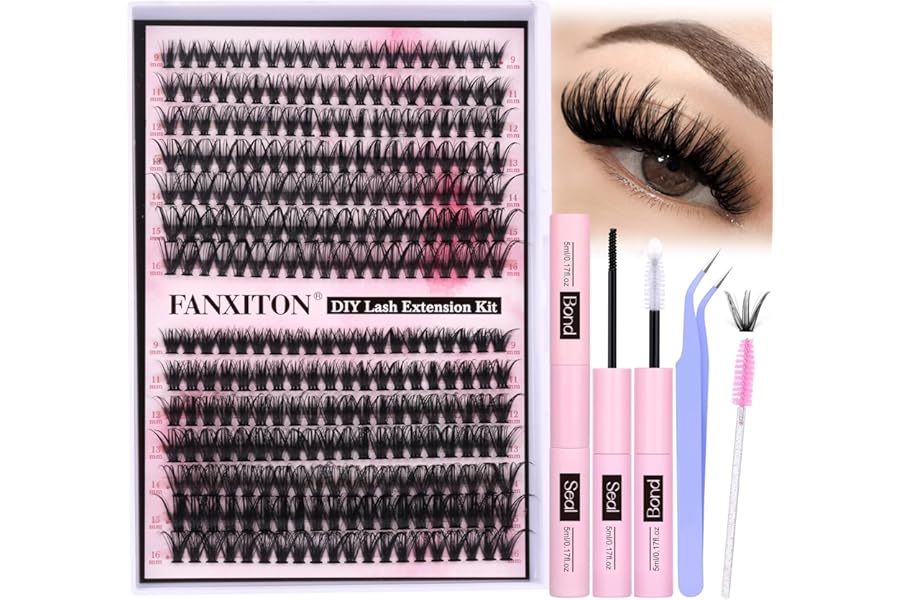 FANXITON DIY Individual Eyelash Extension Kit, Thick Volume Lash Clusters 40D+50D D Curvature, 280 Pieces Thin Band Cluster Lashes with Bond and Seal Tweezers
