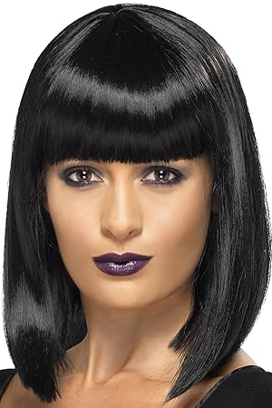 Smiffys Damen Mittellange Perücke mit Pony, R'n'B Star Perücke, Schwarz, One Size, 42237