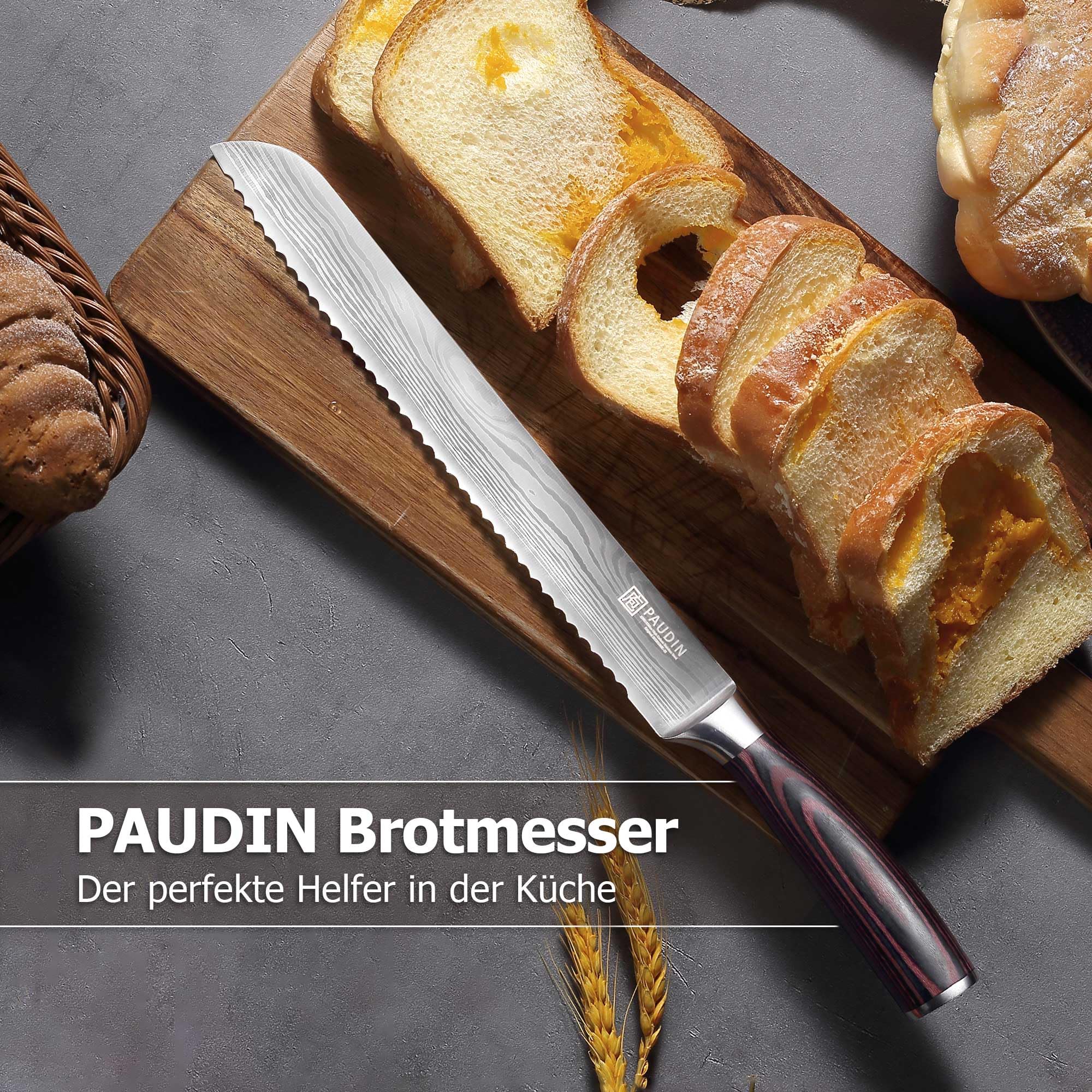 PAUDIN Brotmesser mit Wellenschliff 26 cm aus hochwertigem rostfreiem Edelstahl, extra scharfe Messerklinge mit ergonomischem Pakkaholzgriff 6