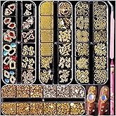 4 Box Nail Charms and Gems for Valentine Nail Decorations,16 Styles Luxurious Alloy Red Rhinestones Charms+ Champagne Rhinestones+Flatback Pearls+Caviar Beads+15 Shapes Metal Nail Jewels for Nail Art