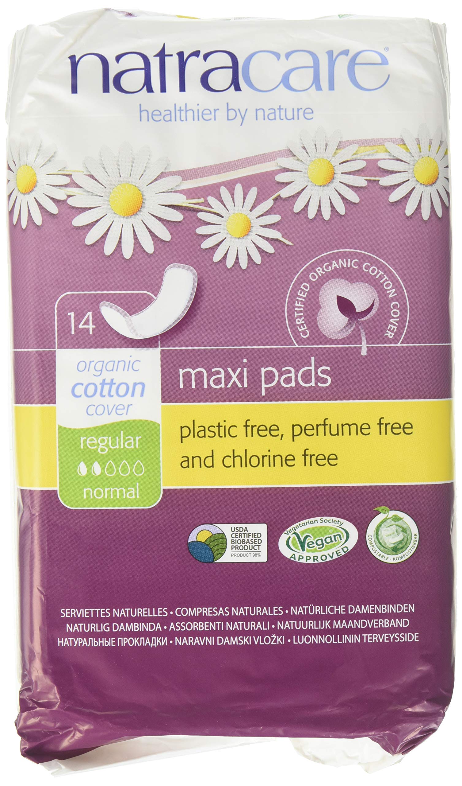 Natracare Natural Maxi Pads Regular Absorbency Without Wings, Organic Cotton Cover, 1 Pack of 14 Pads