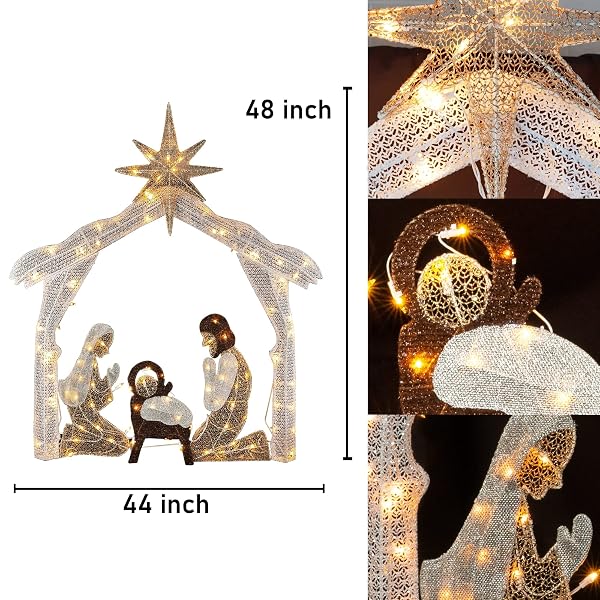 HOURLEEY 4FT LIGHTED CHRISTMAS NATIVITY SCENE, CHRISTMAS OUTDOOR DECORATIONS WITH 120 COUNT PRE-LIT WARM WHITE LIGHTS, HOLY FAMILY FOR XMAS OUTSIDE YARD GARDEN HOLIDAY DECOR