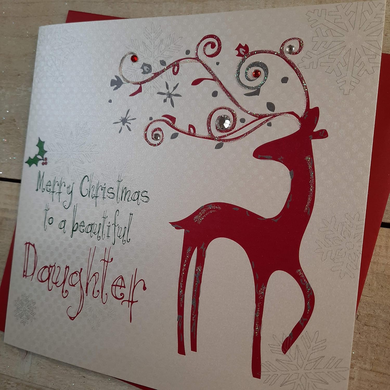 White Cotton Cards Merry Beautiful Daughter Handmade Christmas Card (Reindeer), 16cm x 16cm - Image 4