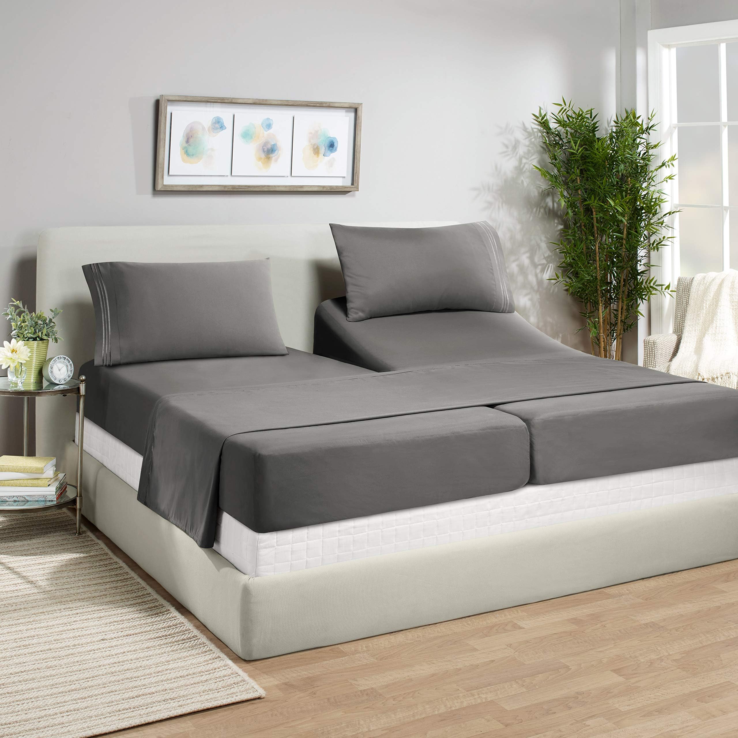 Split King Sheet Sets - 5 Piece Split King Size Sheets - 14"-16" Split King Size Sheets With Deep Pockets - Soft Microfiber Split King Size Sheets Set - Fitted Split King Size Sheets - Charcoal Gray