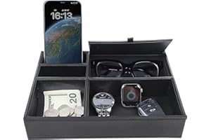 Zcaukya Men's Valet Tray, Jewelry Box Nightstand Organizer with 5 Compartments for Phone Keys Wallet Watch Glasses, Faux Leather Dresser Entryway Catchall Holder for Father's Day Gift (Black)