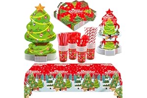 durony 201 Pieces Christmas Tableware Set Disposable Party Supplies Serves 25 Includes Christmas Cups Paper Plates Napkins Tablecloth Straws Cutlery for Xmas Tree Birthday Decorations Dinner