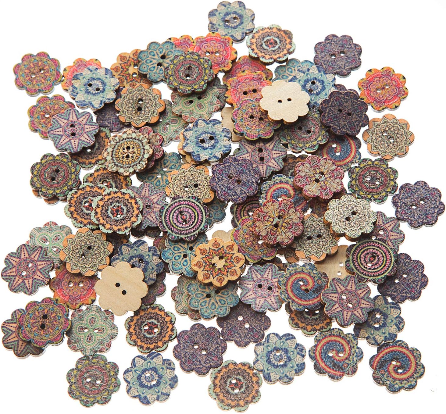 EMAAN 20mm Vintage Wood Button, Mixed Pattern 2 Hole Round Craft Button Sewing DIY Crafts Decoration, Random Shining Sewing Crafting Pack of 100pcs