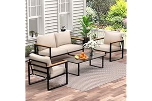 COMLAX FIELD Patio Furniture Set, 4 Pieces Outdoor Patio Furniture with Coffee Table Set, Metal Patio Conversation Sets with Washable and High-Resiliency Sponge Cushions, Beige