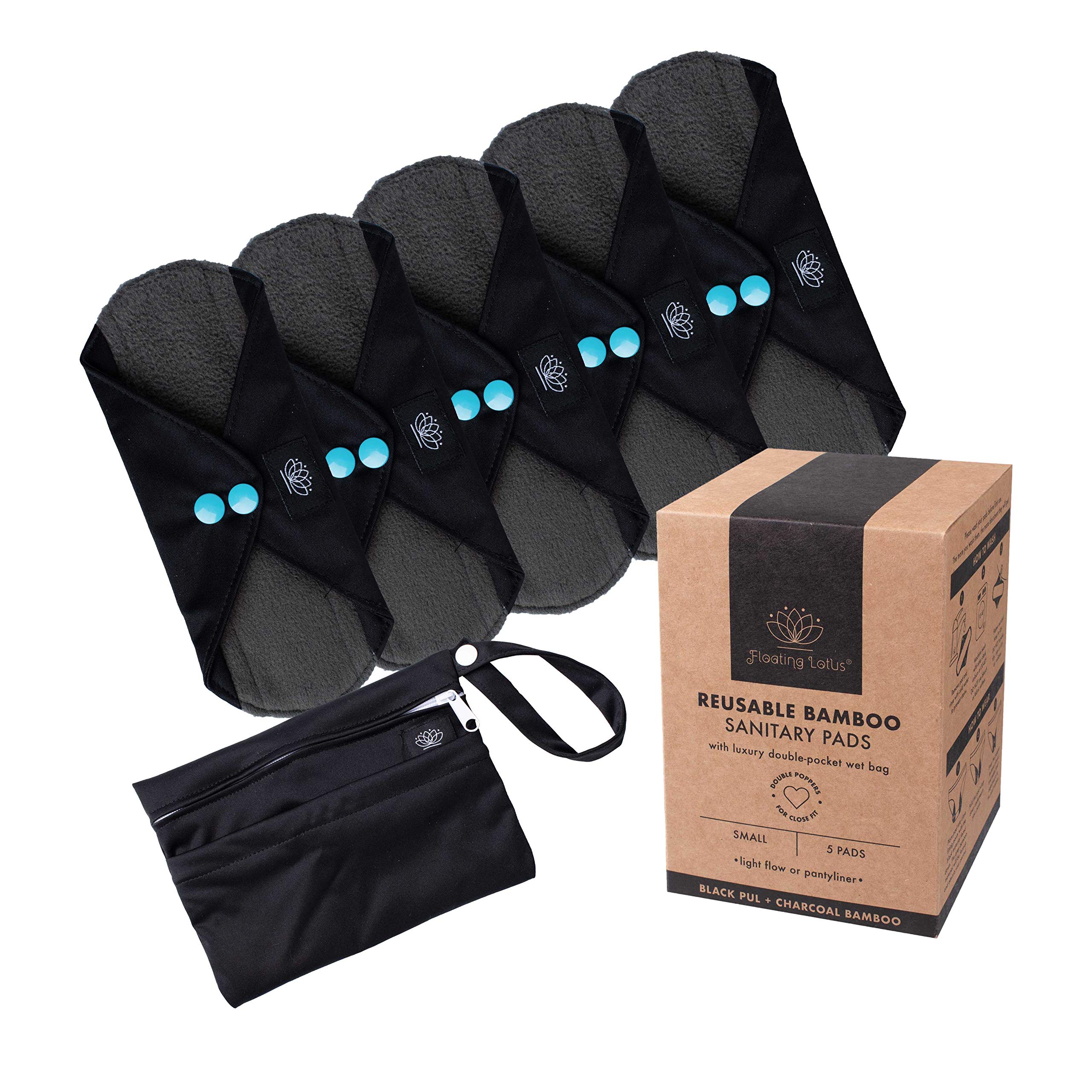 FLOATING LOTUS Reusable Sanitary Pads (5pk Small: Light to Medium Period Flow) Black Washable Bamboo Menstrual Towels Panty Liners inc Waterproof Bag