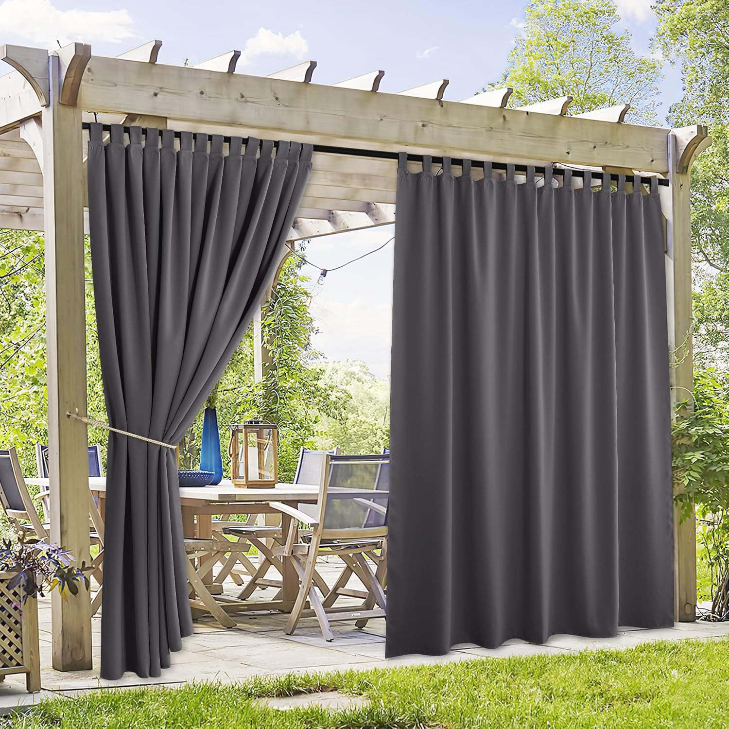Outdoor Curtains - RYB HOME Outdoor Curtains 2 Panels - Detachable Top Indoor Outdoor Curtains Waterproof Blackout Privacy Screen for Patio Porch Pergola Gazebo Cabana Garage, Wide 52 x Long 84 inch, Grey