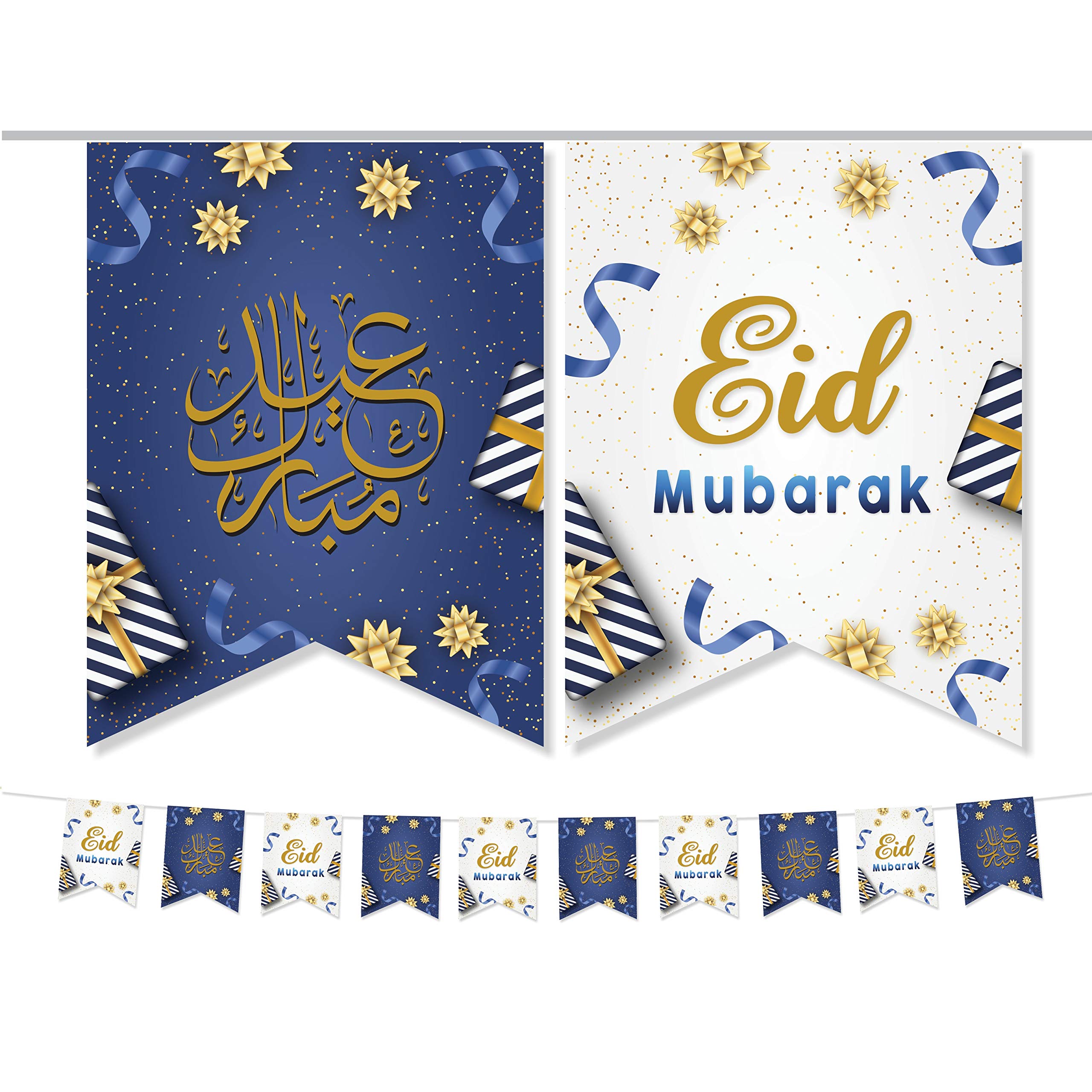 Al-Muallim Books Eid Mubarak Bunting Party Flags - Eid Decorations (10 Flags) - Blue Gold Black Silver AG (Blue & White)