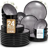 24 Piece Stoneware Dinnerware Set for 8, Handcrafted Plates and Bowls Set | Durable Reactive Glaze, Dishwasher &amp; Microwave Safe Dish Set, Chip &amp; Scratch Resistant Dishware Set, Ibiza Dark Gray