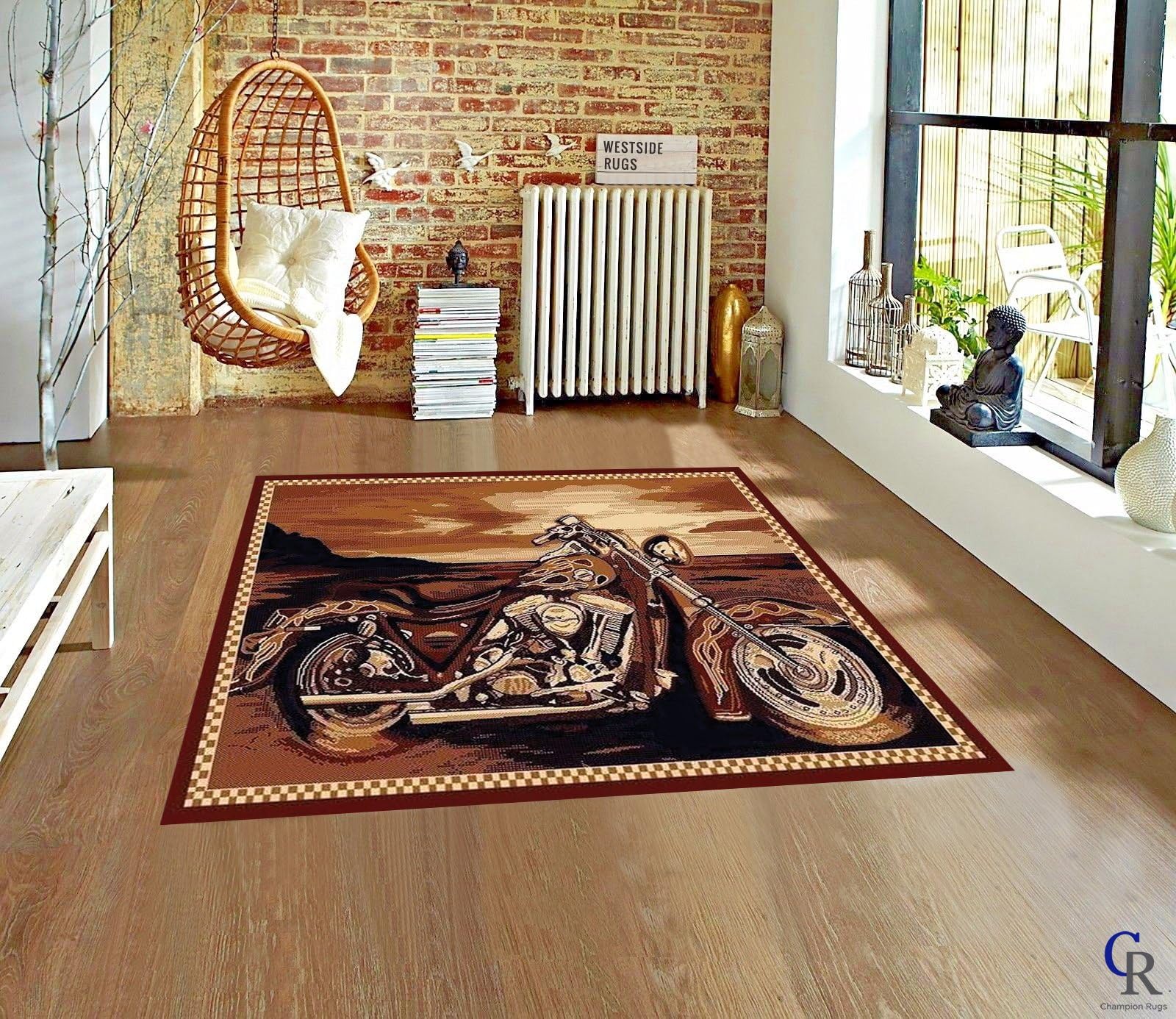 Champion Rugs Motorcycle Harley Davidson Style Theme Novelty Carpet Area Rug (5’ 3” X 7’ 5”)
