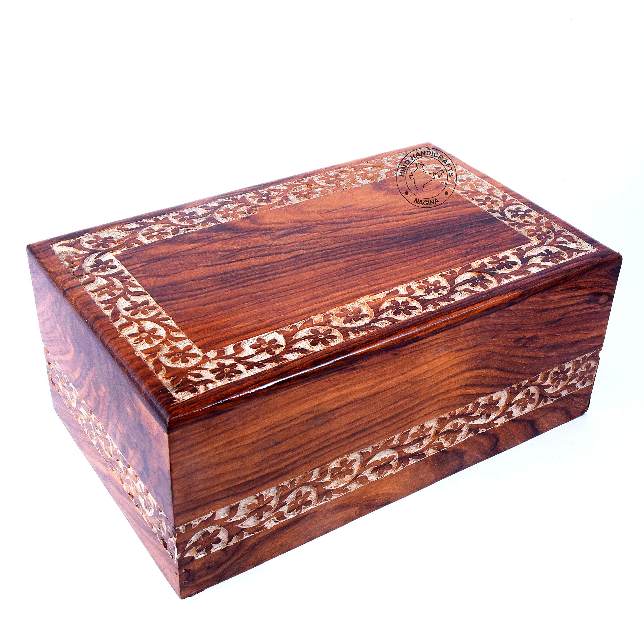 HIND HANDICRAFTS Rosewood Cremation Urn for Human Ashes | Handmade Floral‑Engraved Burial Memorial Box with Secure Sliding Base | Holds Adult Ashes - 180 lbs – 9x5.5x4.5 Inches — image 1