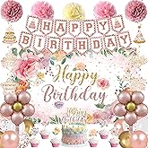 Holkcog Flower Birthfday Party Decorations for Girl, Pink Florals Ballons Banner Background, Cake Tppper, Garden Tea Party Banner Supply, Rose Gold 16th 21st 30th 40th 50th 60th 70th Party Decor