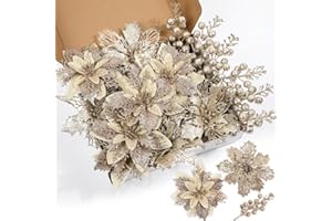 SAWOWKUYA 22 Pcs Champagne Christmas Poinsettia Artificial Flowers and Glitter Berries Stems Kit, Christmas Poinsettias Decorations and Christmas Tree Ornaments for Xmas Home Wedding Holiday Tree Decor