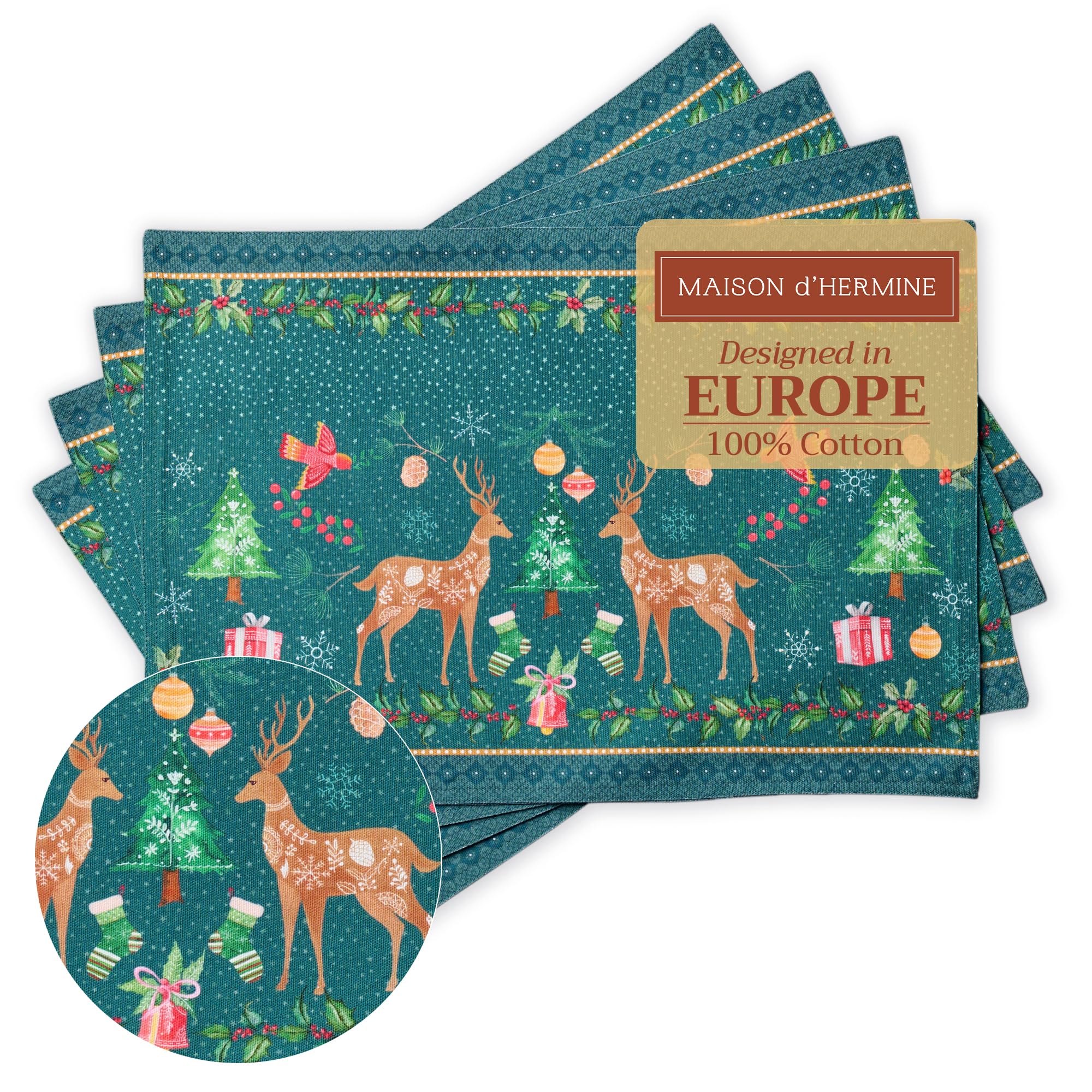 Maison d' Hermine Placemats Set of 4 100% Cotton Washable Cloth Place Mats, Reusable Table Mats for Christmas Decorations Kitchen Dining Party Wedding Restaurant (Hygge Christmas, 33 CM x 48 CM)