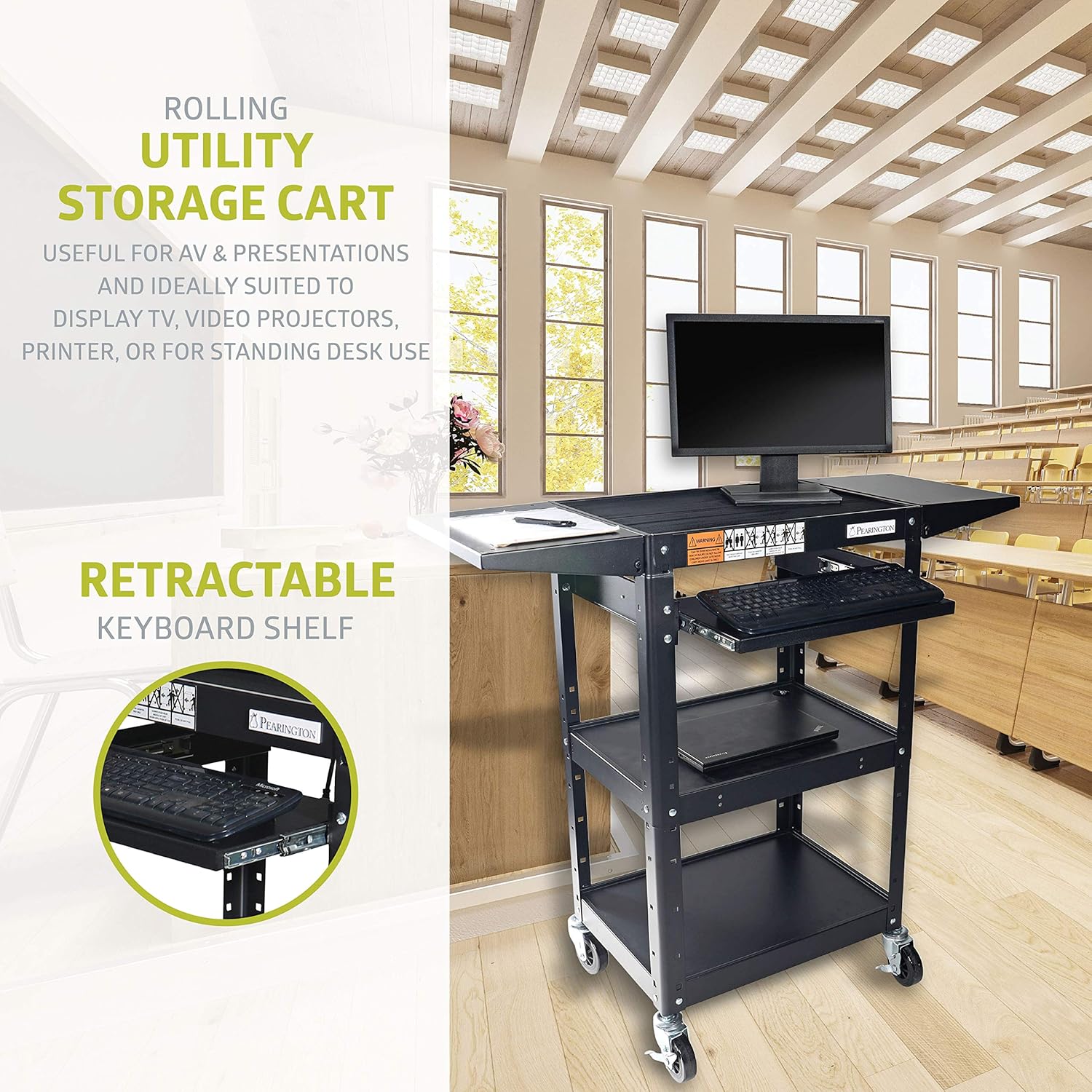 Pearington Rolling AV Cart with Drop Leaves and Adjustable Shelves for TV, Printer, or Laptop: Industrial & Scientific