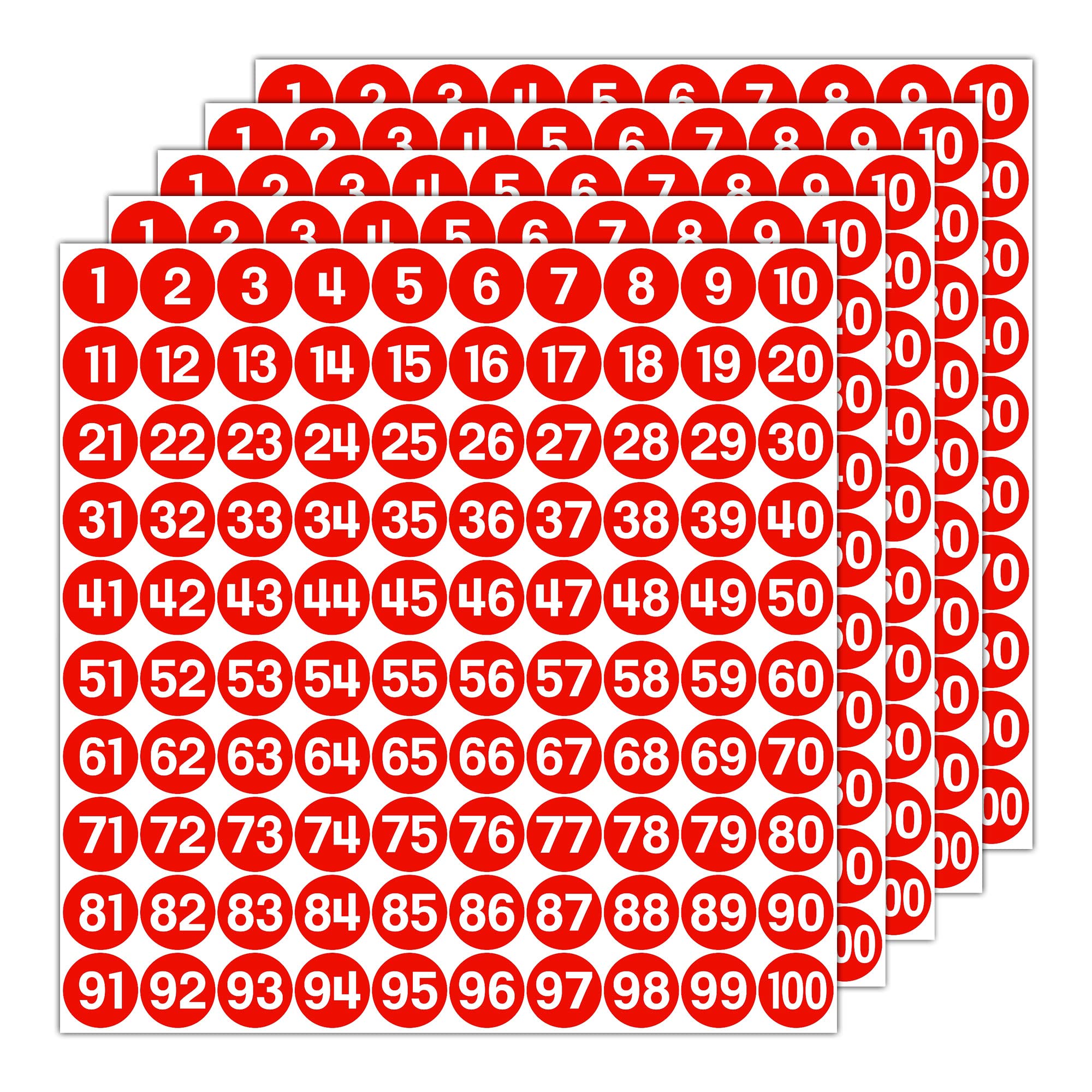 GamesMonkey® - Labels Numbers Stickers Circles - Red - from 1 to 100 - (100-500 - 2500 Pieces)(10-25 mm) Waterproof Vinyl - Consecutive Inventories (25 mm - 2,5 cm, 500 Pieces - 5 Sheets)