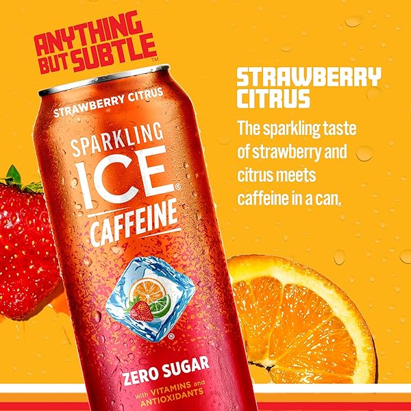 SPARKLING ICE CAFFEINE, STRAWBERRY CITRUS SPARKLING WATER WITH CAFFEINE, ZERO SUGAR, WITH ANTIOXIDANTS AND VITAMINS,16 FL OZ CAN (PACK OF 12)