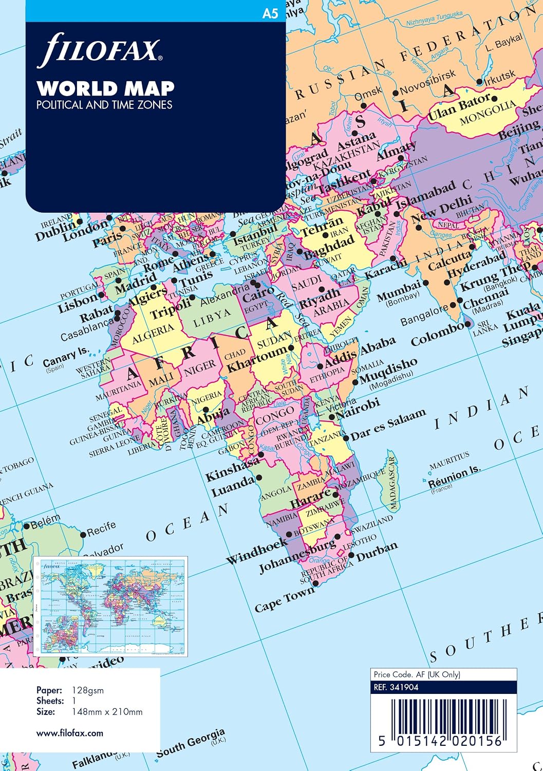 Filofax A5 World Map, Mix, Pack of 1