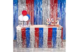 LOLStar 4th of July Decorations,2 Pack Red White and Blue Wavy Metallic Tinsel Foil Fringe Table Skirt for Rectangle and Round Tables, Perfect Table Decorations for Memorial Day,Labor Day,Veterans Day