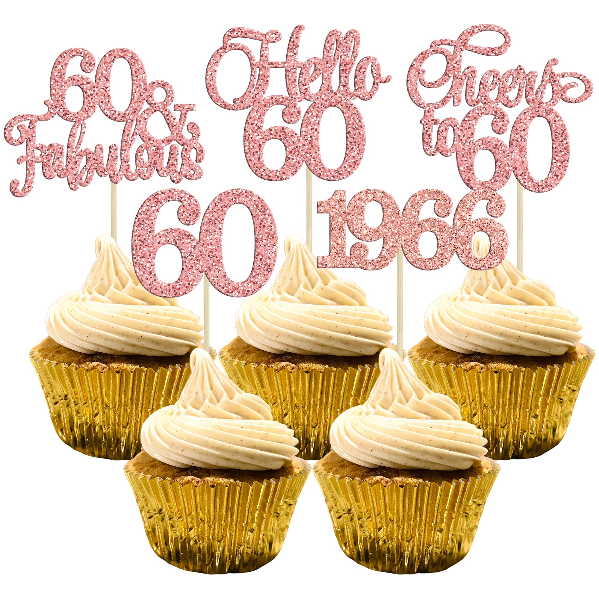 Gyufise 30Pcs 60th Birthday Cupcake Toppers 60 Fabulous Cupcake Picks Cheers to 60 1966 Cake Decorations for Happy 60th Birthday Wedding Anniversary Party Decoration Supplies Rose Gold — image 1