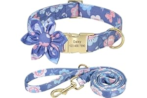 Beirui Custom Flower Girl Dog Collar and Leash Set for Female Dogs- Floral Pattern Engraved Pet Collars with Personalized Gol