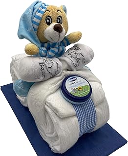 Windeltorte/Windelmotorrad blau für Jungen mit Teddybär + gratis Klappkarte