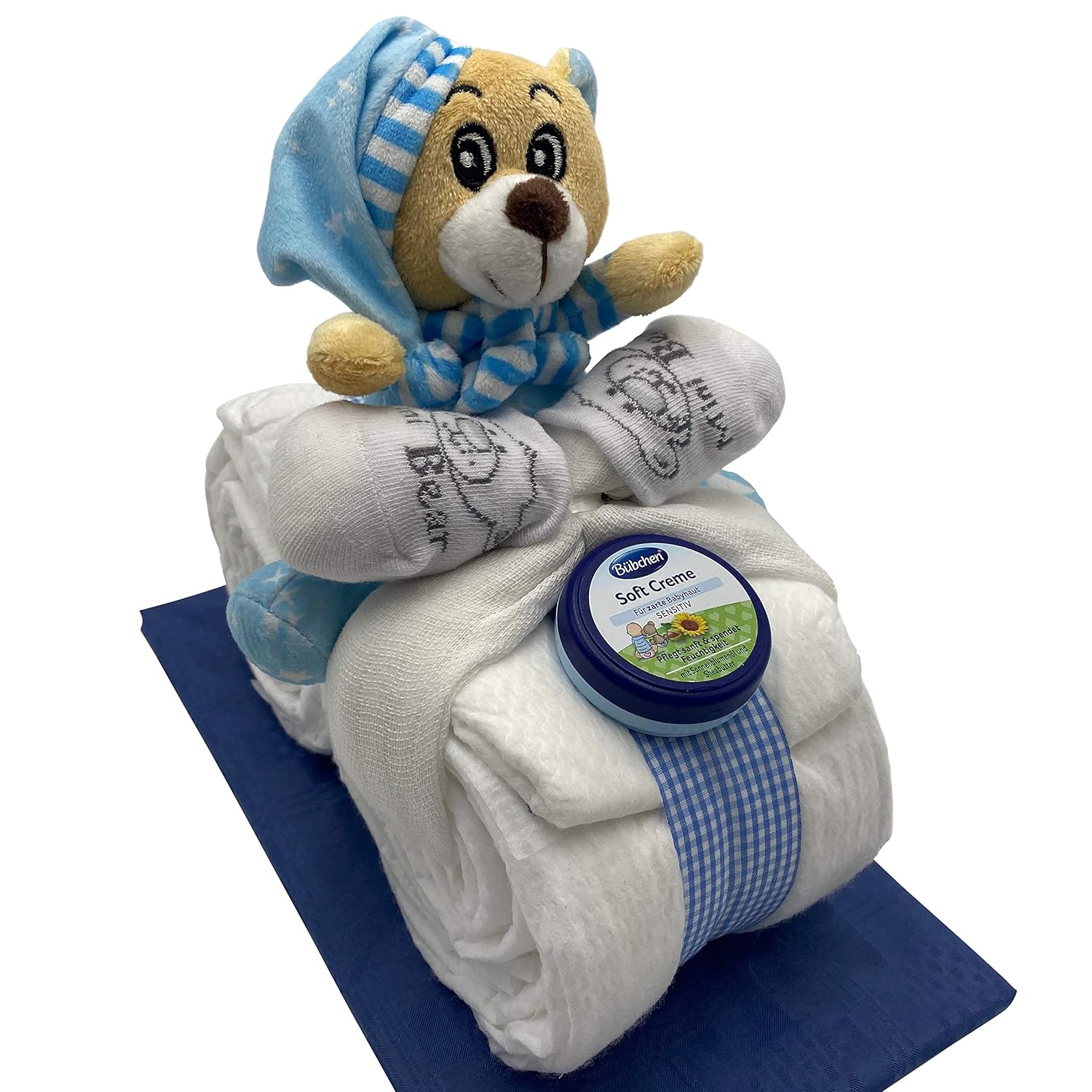 Windeltorte/Windelmotorrad blau für Jungen mit Teddybär + gratis Klappkarte