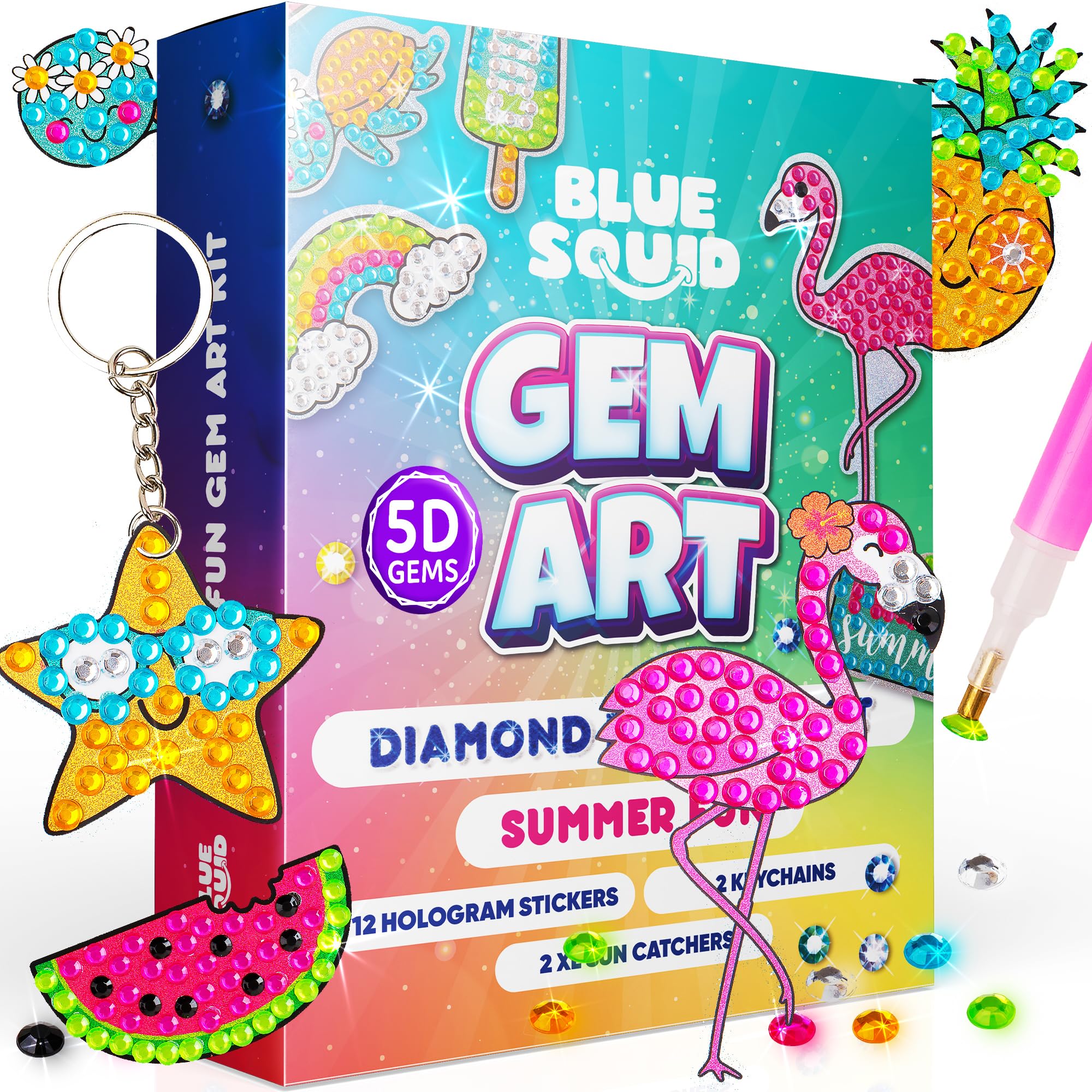 Blue Squid Diamond Art for Kids – Summer Theme - Fun & Easy DIY 5D Gem Art Kits Kids Gift Set for Gem Keychains, Stickers, Sun Catchers - Diamond Painting for Kid Girls, Boys Ages 6-12